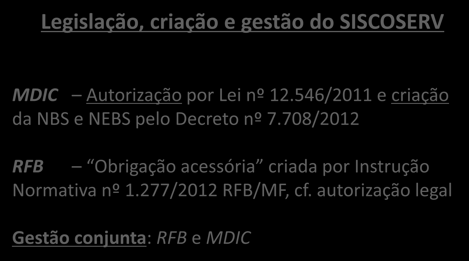 Legislação, criação e gestão do SISCOSERV MDIC Autorização por Lei nº 12.546/2011 e criação da NBS e NEBS pelo Decreto nº 7.