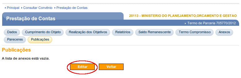 Figura 56 O sistema exibirá a lista dos anexos das publicações, que no exemplo está vazia.