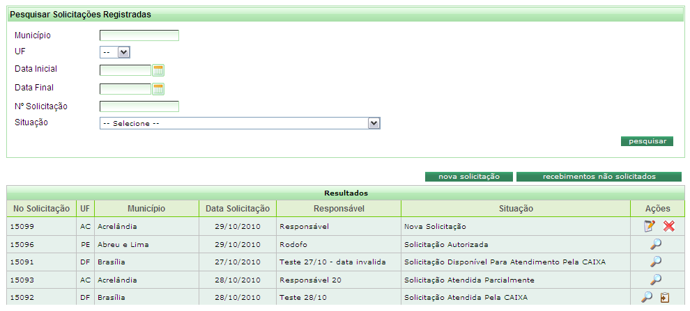 Veja as ações disponíveis para cada situação em que estiver a solicitação: Situação Ações Permitidas Nova solicitação Editar ou Excluir Solicitação Autorizada Solicitação disponível para Atendimento