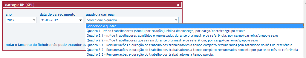 5º Passo De seguida deve selecionar o ano, a data a que se refere o carregamento e o quadro que pretende carregar.