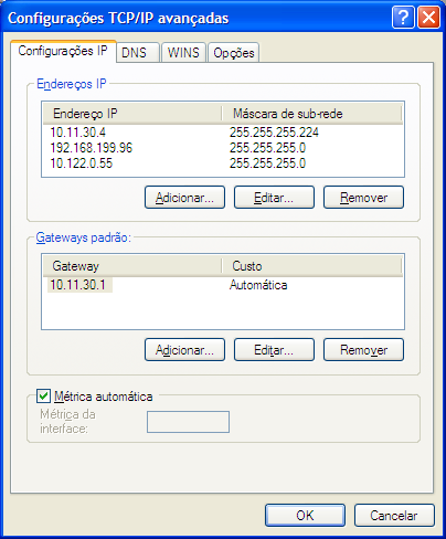 Nesta nova janela, na caixa Endereço IP, clique em Adicionar, informe um endereço IP com os três primeiros grupos de números iguais ao