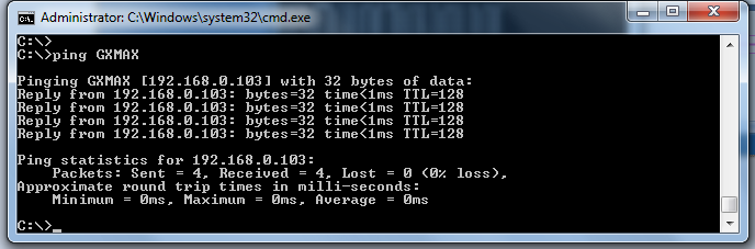 Imagem 25 - Janela de comando "Ping GXMAX" O tempo de resposta time deve ser de 1ms como mostra na Imagem 25 - Janela de comando "Ping GXMAX" acima, e não ter perdida de pacotes ( 0% loss ). 4.