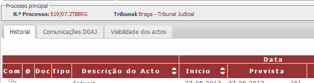 No exemplo atrás referida verifica-se que existem dois apensos, ambos classificados no SISAAE, um como CPD e outro como PE. Se clicar no processo apenso entra automaticamente no seu historial.