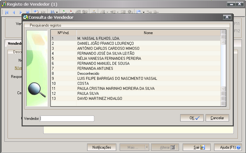 Configurações do vendedor Neste ecrã configura a correspondência do vendedor com o terminal, assim como vários parametros para a exportação de dados com o ERP e integração de informação gerada no MSS.