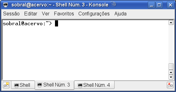 Usar a interface de linha de comando: i) Após logar, executar o aplicativo Konsole, em : Menu->Ferramentas->Konsole ii) A tela que se apresenta parece a de um