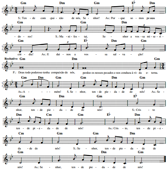 Solo: Tende Compaixão de nós, Senhor! Ass.: Porque somos pecadores! Solo: Manifestai, Senhor a vossa misericórdia! Ass.: E dai-nos a vossa salvação! Pres.: Deus todos poderoso... Ass.: Amém!