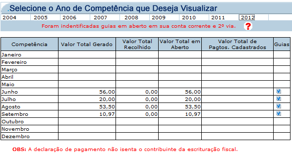 Opção de Pagamentos Nesta opção você poderá informar à Prefeitura o não reconhecimento de um boleto em aberto ou declarar que já realizou o pagamento do mesmo.