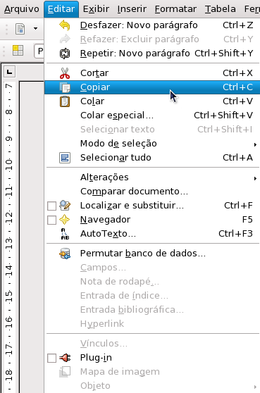 Ilustração 33: Copiar A segunda forma de se copiar um texto é pela barra de Ferramentas no ícone Outra forma de se cortar um texto é utilizando a tecla de atalho Ctrl seguida da tecla C. 5.