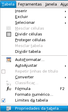 Ilustração 98: Propriedades Em seguida será exibida esta tela, o submenu Tabela possibilita renomear a tabela, reajustar o alinhamento se automático, à direita, à esquerda etc.