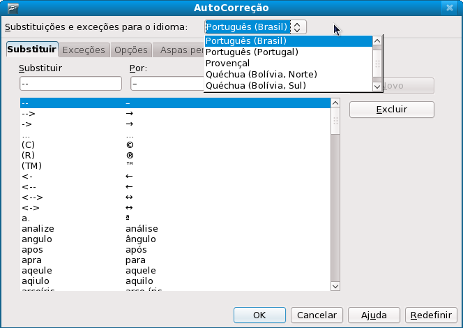Ilustração 112: AutoCorreção Abre uma caixa de diálogo, que mostrará as substituições e exceções que podem ser inseridas em seu documento.