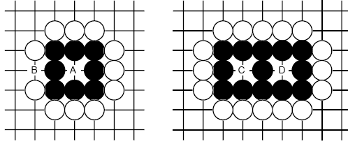 Regra do Ko Não se pode jogar se isso repetir uma posição anterior no tabuleiro. Isso é o Ko (eternidade). As pretas capturam com 1.