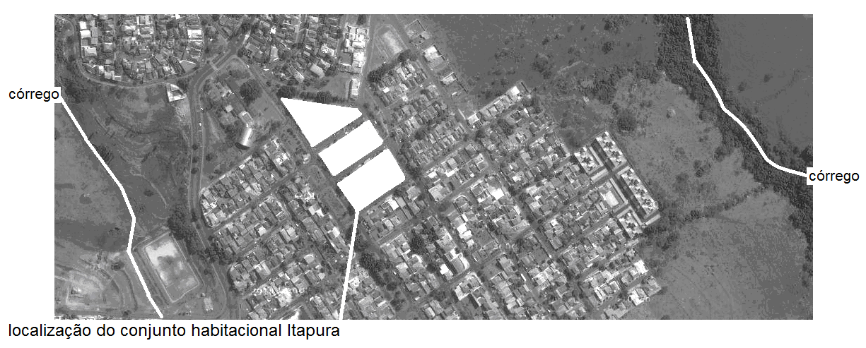 Figura 5 Conjunto habitacional Itapura Fonte: Prefeitura Municipal de Presidente Prudente, 2001 Figura 6 Localização do conjunto habitacional Itapura no divisor de águas Fonte: Goolge Maps, 2011 Por