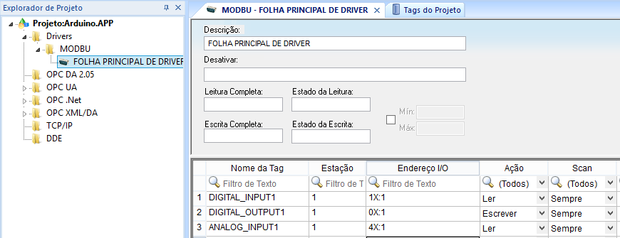 No Indusoft as relações são feitas através da FOLHA PRINCIPAL DE DRIVER.