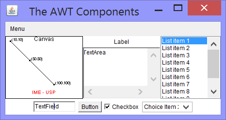 AWT Aparência depende do sistema operacional Utiliza sistema de pares (peer) Os pares