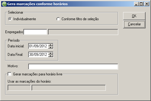 2. No quadro Selecionar, selecione a opção: Individualmente, para gerar as marcações para um único empregado; Conforme filtro de seleção, para gerar as marcações para mais de um empregado.