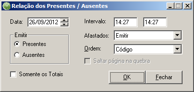 2. No campo Data, digite a data correspondente para emitir o relatório. 3. No campo Intervalo, informe o intervalo definido no cadastro de horários. 4.