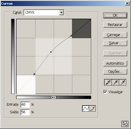 ❶ ❷ ❸ 1 - Níveis anteriores 2 - Níveis sendo ajustados 3 - Níveis finalizados Curvas (^M) Menu imagem -> ajustes -> curvas Com Curvas é possível ajustar qualquer ponto ao longo de uma escala