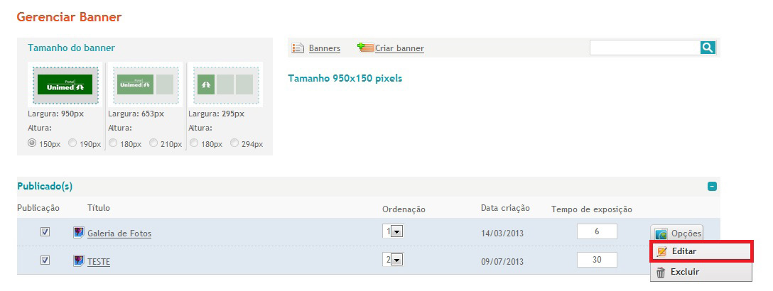 Para editar um banner, clique no botão Gerenciar banner, clique no