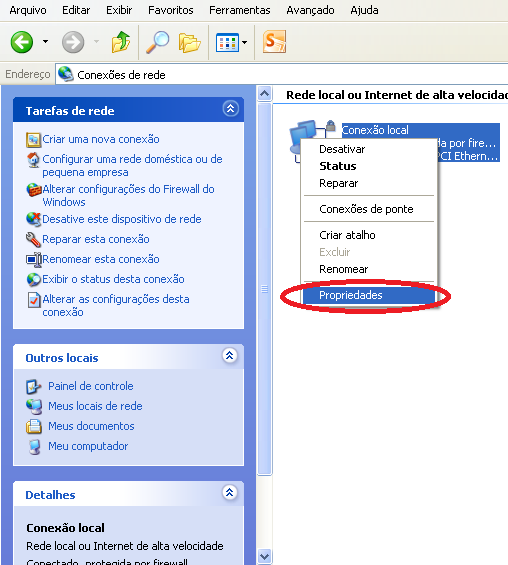 5. Clique com o botão direito do mouse em Conexão local e clique em