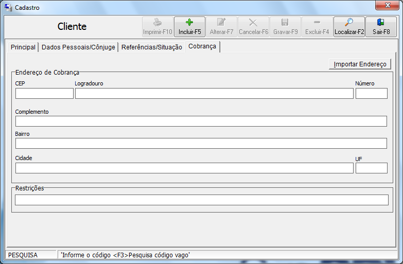 Cadastro Cliente Guia Cobrança Cadastro do endereço para cobrança.