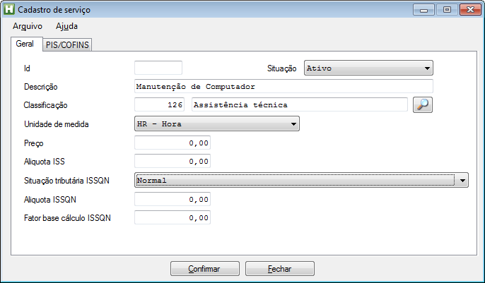 No cadastro de serviço, na aba geral devem ser informados: a situação, descrição do serviço, a classificação de acordo com a Lei complementar N 116 de 31 de julho de 2003, a unidade de medida, preço