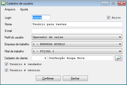 Usuários Na interface de usuários é possível incluir, alterar e excluir usuários do sistema, gerar nova senha para usuários cadastrados e definir acesso as filiais e relatórios para cada usuário.