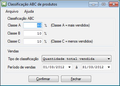 Classificação ABC dos produtos Os parâmetros utilizados para classificação ABC são o período de vendas, tipo de classificação (valor ou quantidade total vendida) e o percentual relativo às classes A,