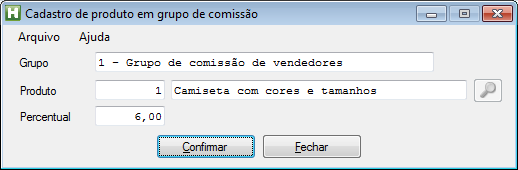 Figura 96. Produtos do grupo de comissão. Os produtos ou categorias podem ser incluídos e excluídos do grupo ou poderá ser alterado o percentual. Figura 97. Cadastro de produto do grupo de comissão.