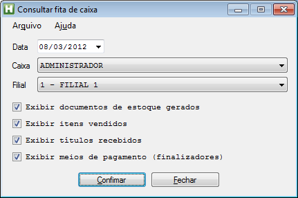 Figura 134. Consultar fechamento de caixa. Fita de caixa O relatório de fita de caixa apresenta seqüencialmente todas as operações detalhadas de um caixa.