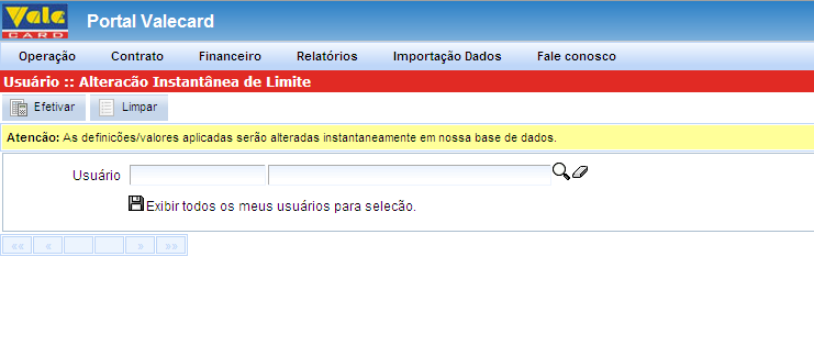 INSTANTÂNEO Esta opção é utilizada para alterar o limite de diversos cartões.
