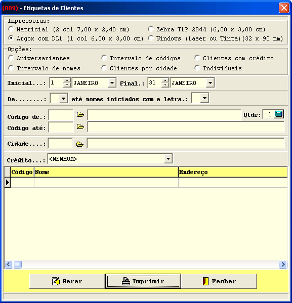 10 Cadastros 1.1.3 Etiquetas Tela 009 A emissão de etiquetas para envio de mala direta ao cliente pode ser confeccionada de acordo com a necessidade através dos filtros da figura 22.