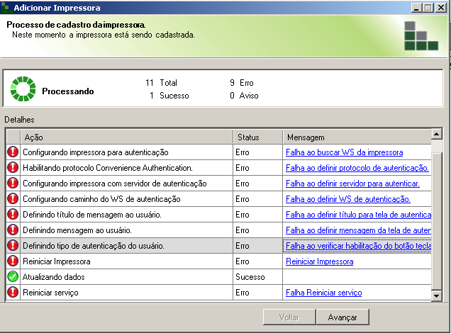 MDS04 Caso a impressora apresente erros na configuração, será exibida uma imagem semelhante à exibida abaixo, na qual, clicando sobre os erros obtém-se uma ajuda para resolver o problema manualmente.