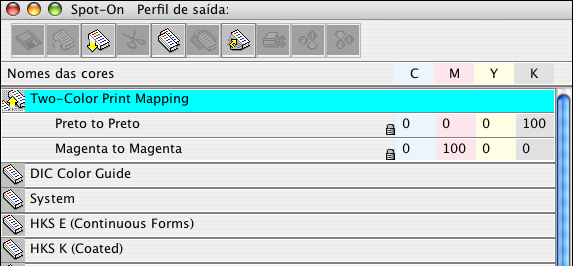 SPOT-ON COM MAPEAMENTO DE IMPRESSÃO COM DUAS CORES 22 Definição de uma cor para mapeamento de impressão com duas cores Use o procedimento a seguir para definir os mapeamentos de cor na caixa de