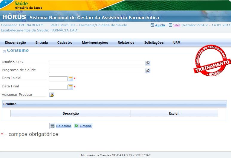 127 Saída por Dispensação Em outro relatório do HÓRUS - saída por dispensação - estão apresentados todos os produtos que foram dispensados em um determinado período.