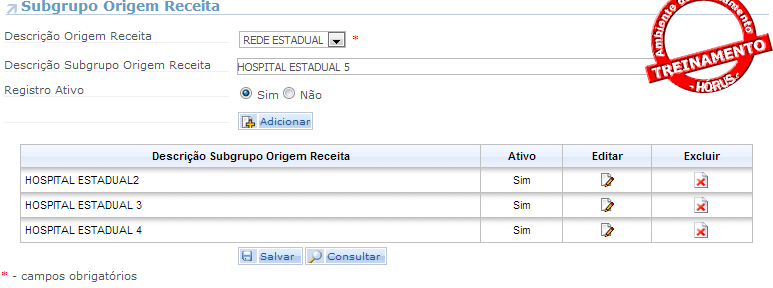 50 Escolha uma origem de receita já cadastrada. Digite o subgrupo de origem de receita, selecione registro ativo e clique em Salvar.