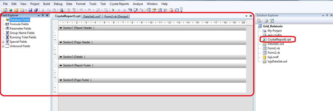 Surgirá então a seguinte tela: Repare na figura anterior: Foi criada uma nova guia no centro do ambiente do Vb.Net, chamada CrystalReport1.