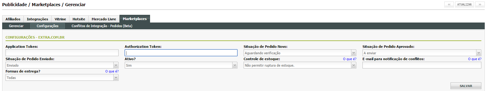 Configurações de controle de estoque, formas de entrega e e-mail de notificação para Marketplaces O que é Novas opções de configuração para cada marketplace: controle de estoque: permite integrar