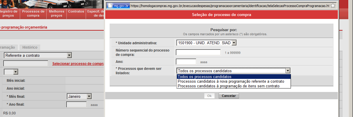 Após selecionar o tipo da programação orçamentária, é necessário selecionar o processo de compras referente à contratação. 3.1.