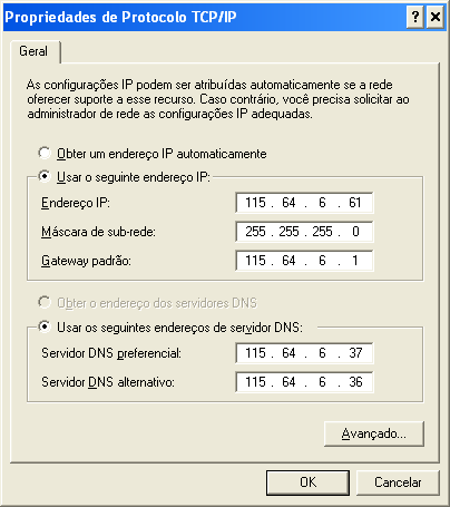 Conforme exemplo abaixo na aba Geral clique em Usar o seguinte endereço IP, Altere os campos de Endereço IP, Máscara de sub-rede, Gateway padrão.