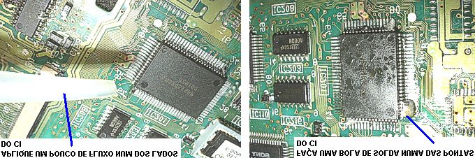 Coloque o CI na placa tomando o cuidado de posicioná-lo para cada pino ficar exatamente sobre a sua trilha correspondente. Se necessário use uma lente de aumento.