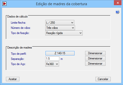 22 Fig. 3.26 Admite-se uma separação de madres de 1.5 m e o tipo de aço Fe360. Fig. 3.27 Prossegue-se com o dimensionamento das madres, neste caso pretende-se dimensionar o perfil para um espaçamento de 1.