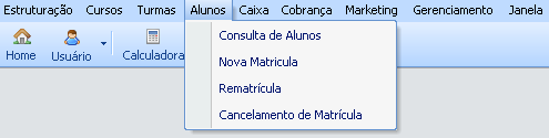 Menu Alunos Contém as telas para criação de matriculas, consulta de alunos e manipulação de situações de alunos.