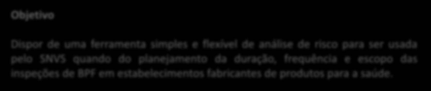 POP-O-SNVS-017: Planejamento de Inspeções para Verificação das Boas Práticas de Fabricação de Produtos para a Saúde com Base no Risco Sanitário Associado Objetivo Dispor de uma ferramenta
