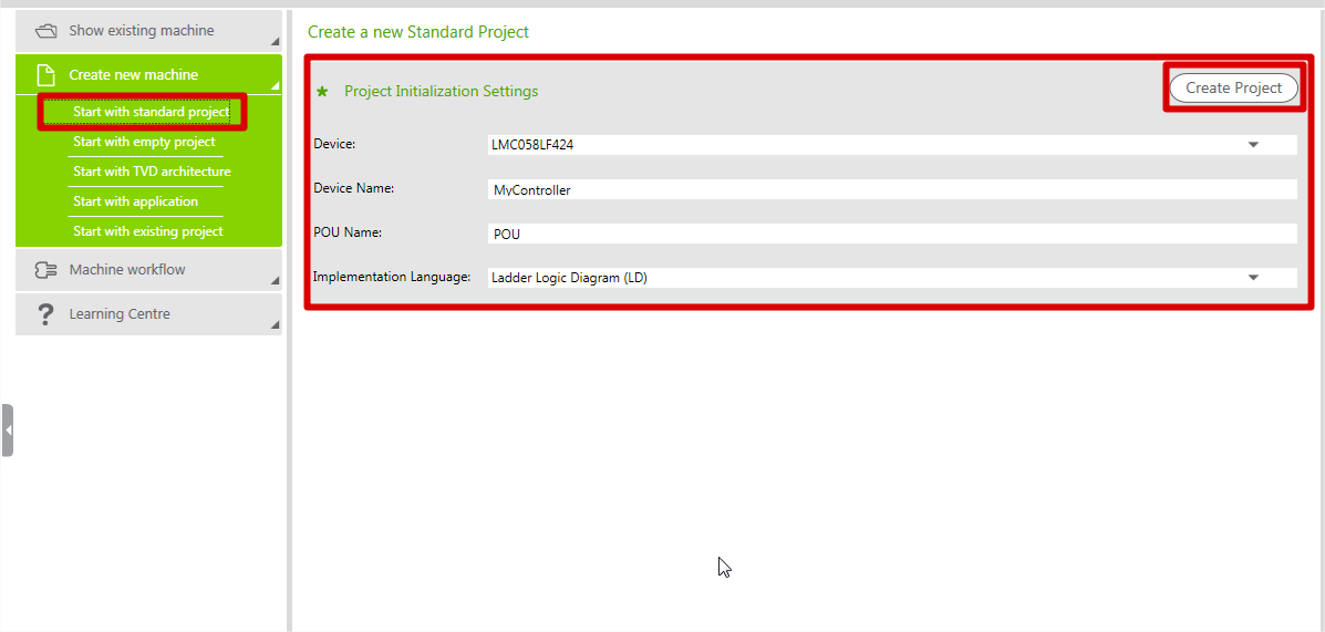 Criação de um projeto no SoMachine Na nova janela selecionar a opção Start with standard project, selecionar o modelo