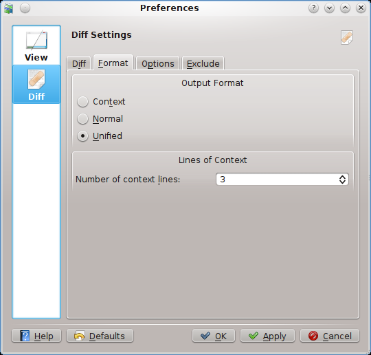 3.2.1 Diferença O comando executado para rodar o programa diff (por padrão, diff). 3.2.2 Formato Ajusta as opções do Formato do Resultado e o número de Linhas de Contexto.