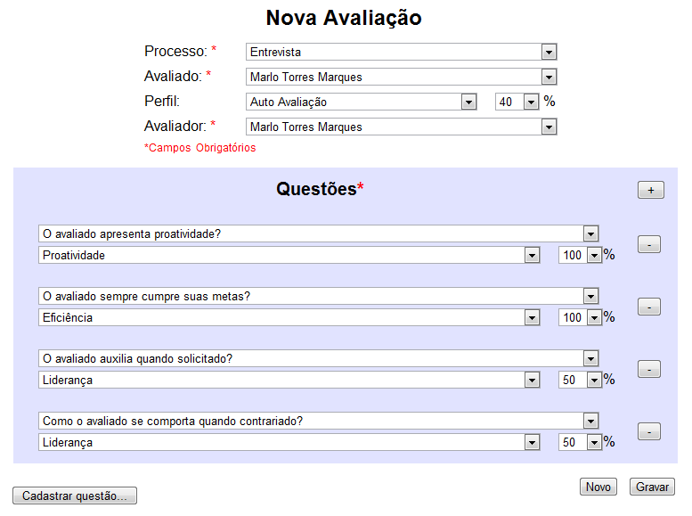 38 avaliando a característica A e duas avaliando a característica B, logo, a questão da característica A deverá ter um peso de 100% e as questões com a característica B poderão ter pesos diferentes,