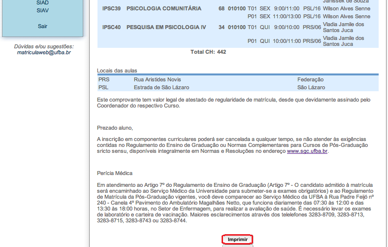 2.4 O comprovante irá aparecer na lateral direita. Descer a página e clicar no botão imprimir [Imagem 6 tela da página do SIAC] 2.