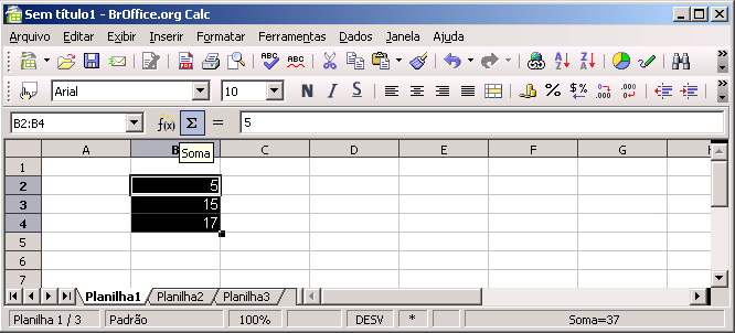 Outra maneira de somar é utilizando o botão (Auto Soma). Selecione os valores que deseja somar e clique no botão Auto Soma; a soma será demonstrada automaticamente. Numa pasta (arquivo do BrOffice.