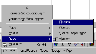 Ocultar e mostrar linhas e colunas Para esconder linhas ou colunas, comando Ocultar no menu Formatar, opção Linha ou Coluna.