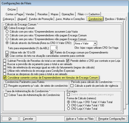 3- Com essa configuração marcada o sistema irá considerar o valor do Encargo Comum das lojas vagas para o cálculo das contas que utilizam a classe 2 (Encargo Comum) na sua fórmula.